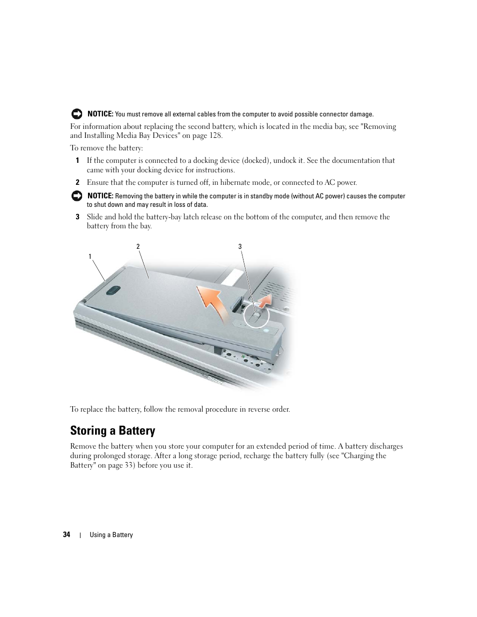 Storing a battery | Dell Latitude D531 (Mid 2007) User Manual | Page 34 / 162