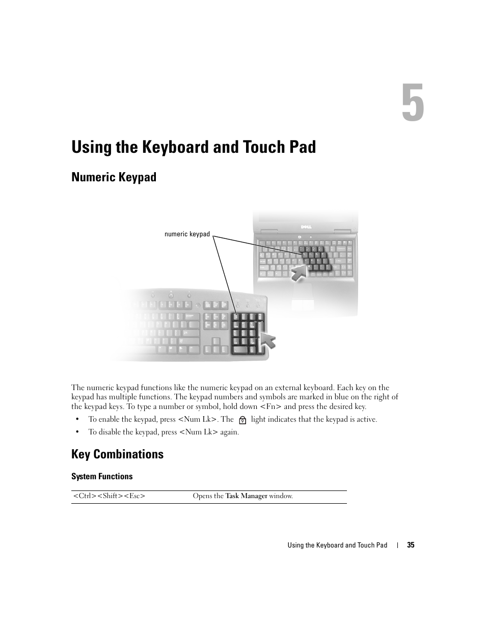 Using the keyboard and touch pad, Numeric keypad, Key combinations | System functions, 5 using the keyboard and touch pad | Dell Latitude D531 (Mid 2007) User Manual | Page 35 / 162