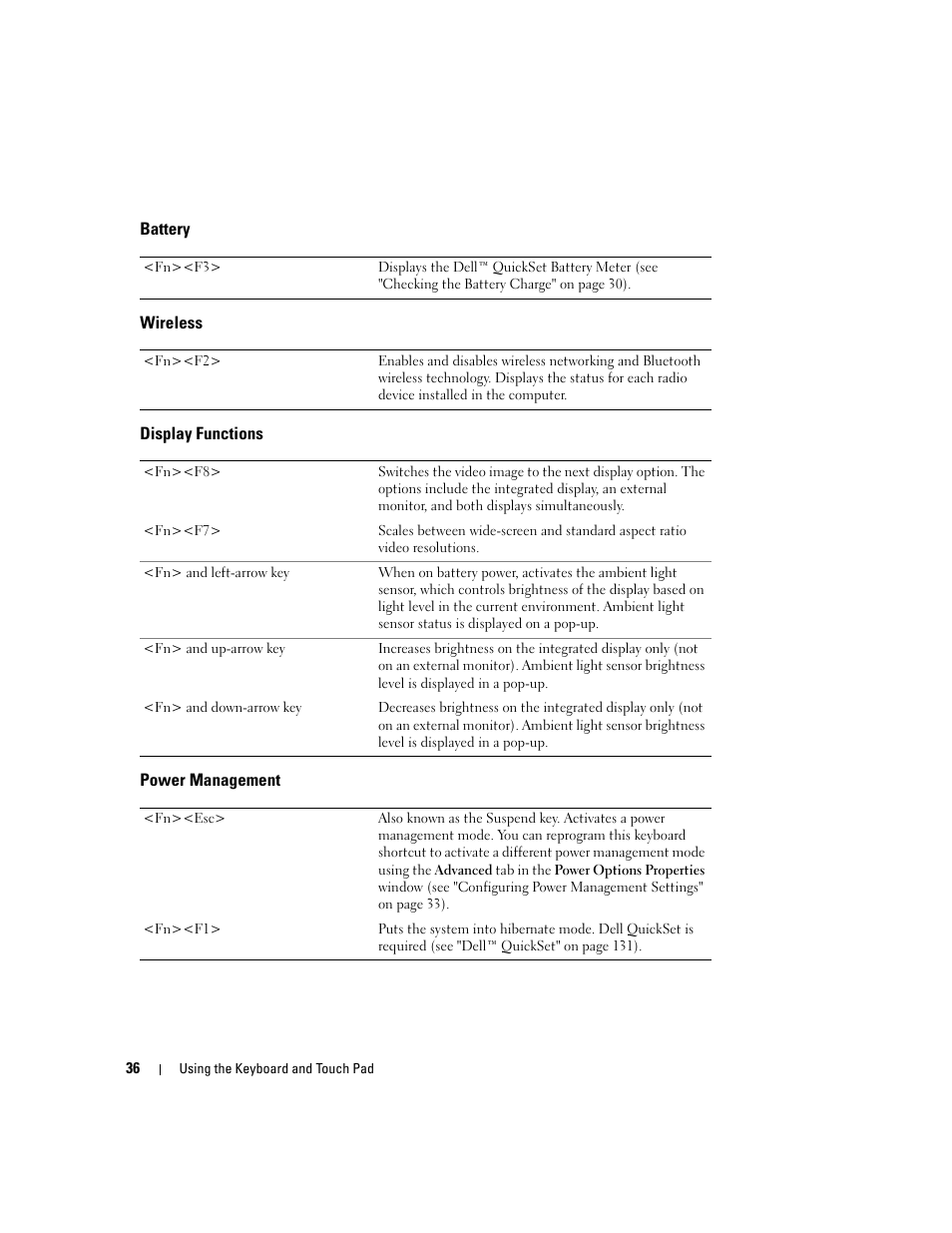 Battery, Wireless, Display functions | Power management | Dell Latitude D531 (Mid 2007) User Manual | Page 36 / 162