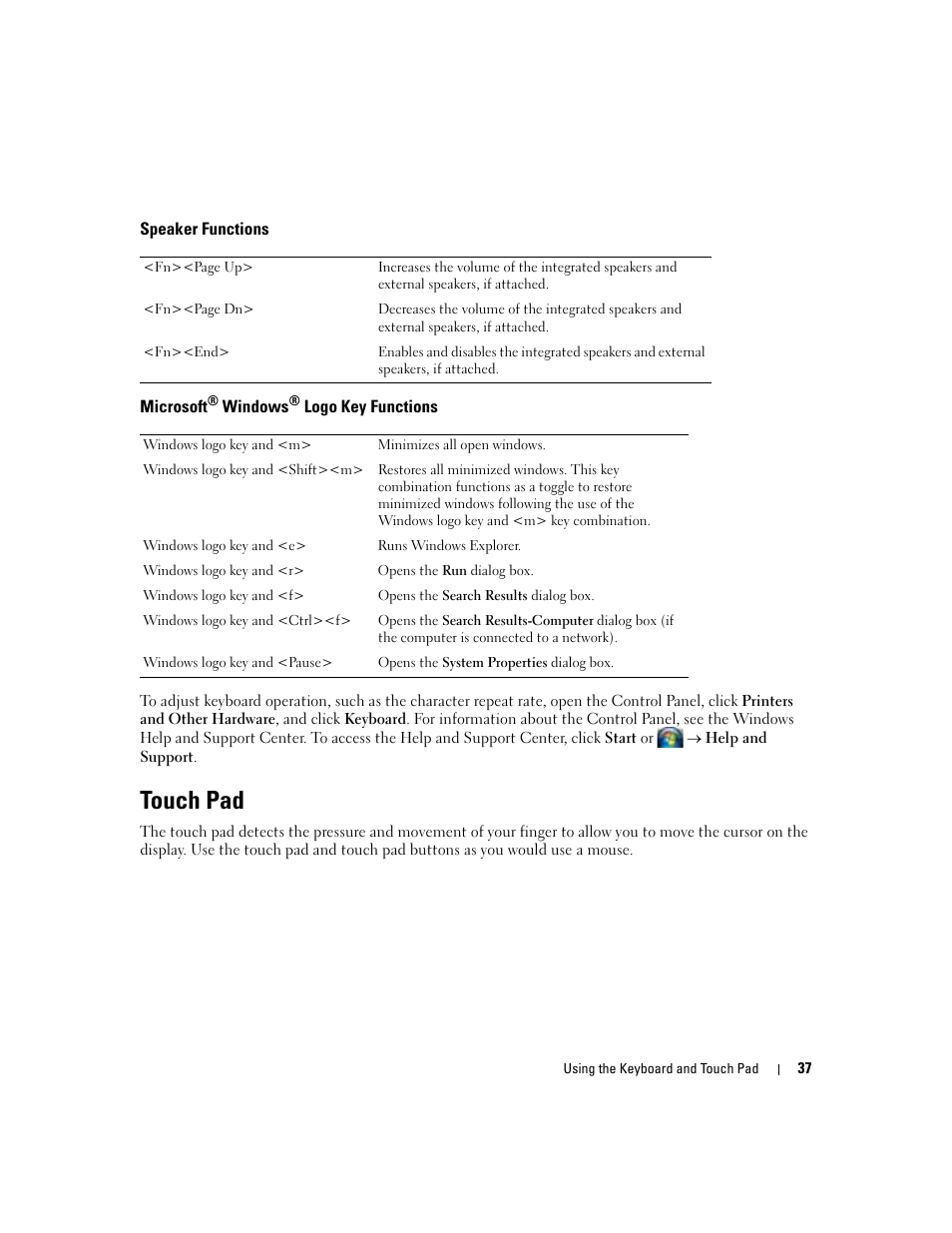 Speaker functions, Microsoft® windows® logo key functions, Touch pad | Dell Latitude D531 (Mid 2007) User Manual | Page 37 / 162