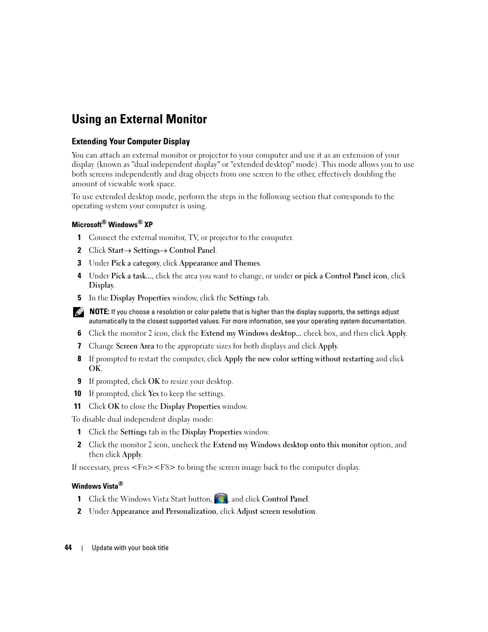Using an external monitor, Extending your computer display | Dell Latitude D531 (Mid 2007) User Manual | Page 44 / 162