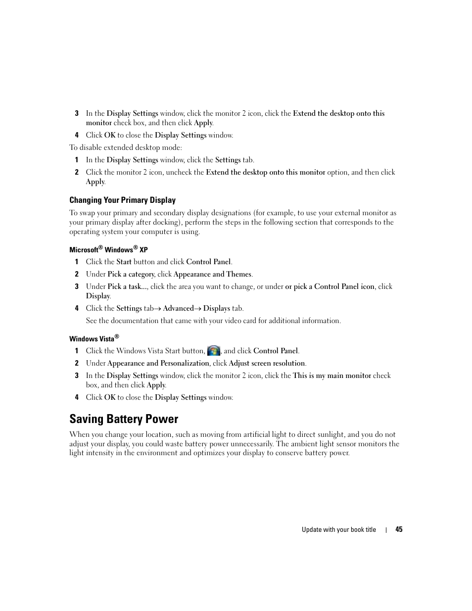 Changing your primary display, Saving battery power | Dell Latitude D531 (Mid 2007) User Manual | Page 45 / 162