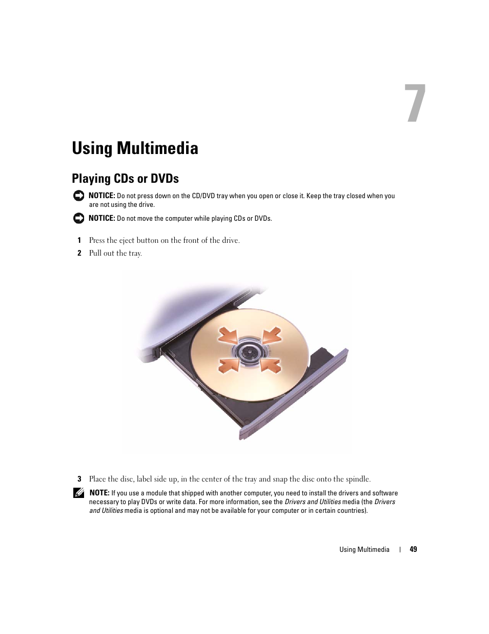 Using multimedia, Playing cds or dvds, 7 using multimedia | Dell Latitude D531 (Mid 2007) User Manual | Page 49 / 162
