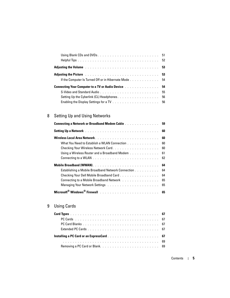 8 setting up and using networks, 9 using cards | Dell Latitude D531 (Mid 2007) User Manual | Page 5 / 162