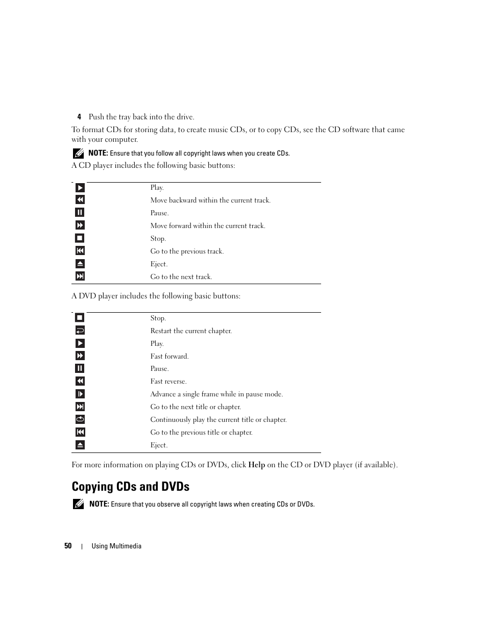 Copying cds and dvds | Dell Latitude D531 (Mid 2007) User Manual | Page 50 / 162