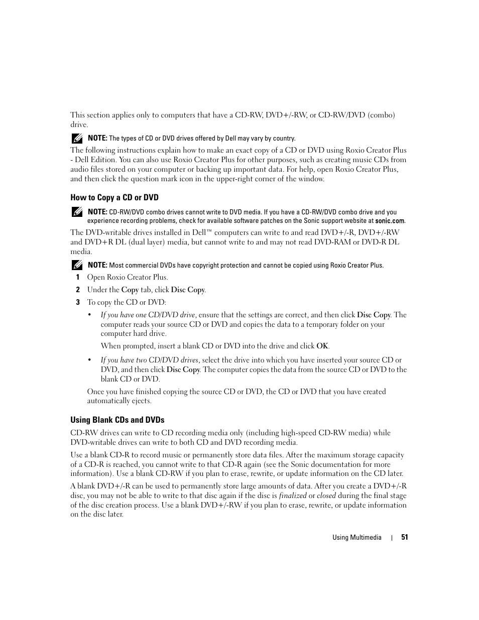 How to copy a cd or dvd, Using blank cds and dvds | Dell Latitude D531 (Mid 2007) User Manual | Page 51 / 162