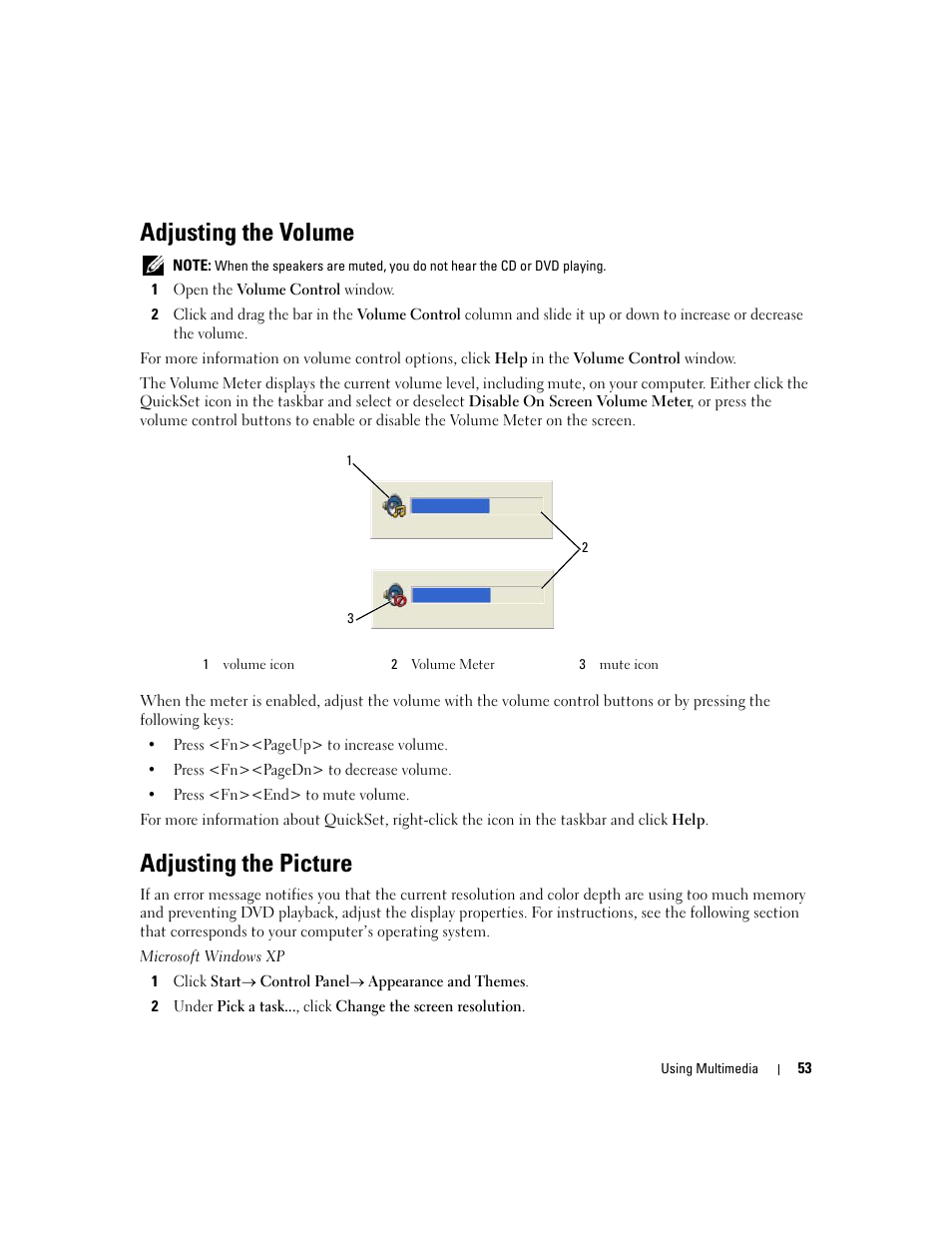 Adjusting the volume, Adjusting the picture | Dell Latitude D531 (Mid 2007) User Manual | Page 53 / 162