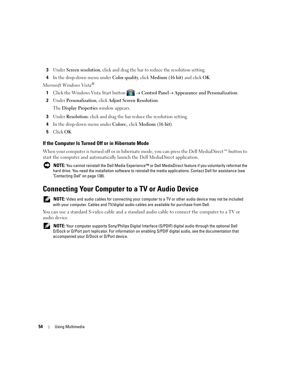 If the computer is turned off or in hibernate mode, Connecting your computer to a tv or audio device | Dell Latitude D531 (Mid 2007) User Manual | Page 54 / 162