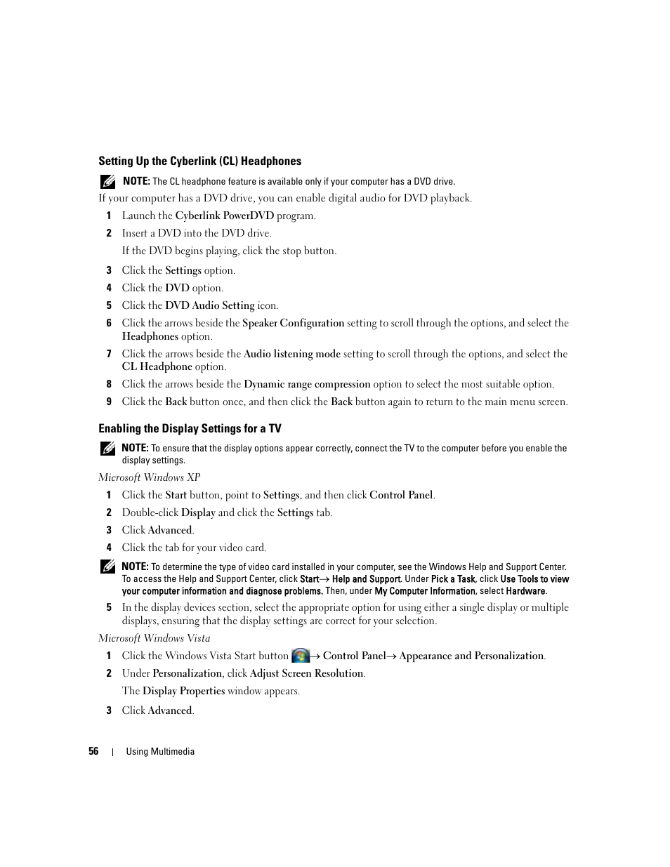 Setting up the cyberlink (cl) headphones, Enabling the display settings for a tv | Dell Latitude D531 (Mid 2007) User Manual | Page 56 / 162