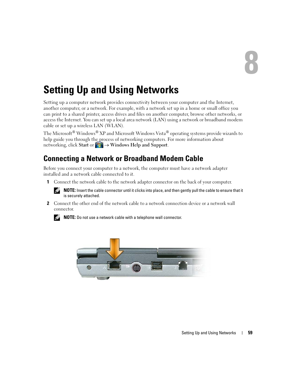 Setting up and using networks, Connecting a network or broadband modem cable, 8 setting up and using networks | Dell Latitude D531 (Mid 2007) User Manual | Page 59 / 162