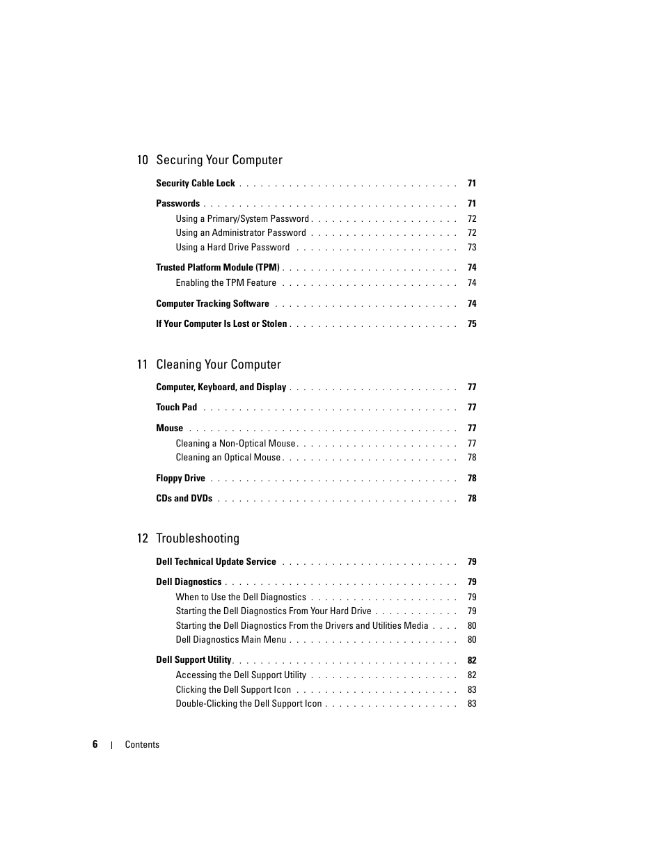 10 securing your computer, 11 cleaning your computer, 12 troubleshooting | Dell Latitude D531 (Mid 2007) User Manual | Page 6 / 162
