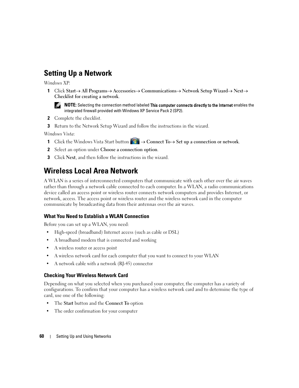 Setting up a network, Wireless local area network, What you need to establish a wlan connection | Checking your wireless network card | Dell Latitude D531 (Mid 2007) User Manual | Page 60 / 162