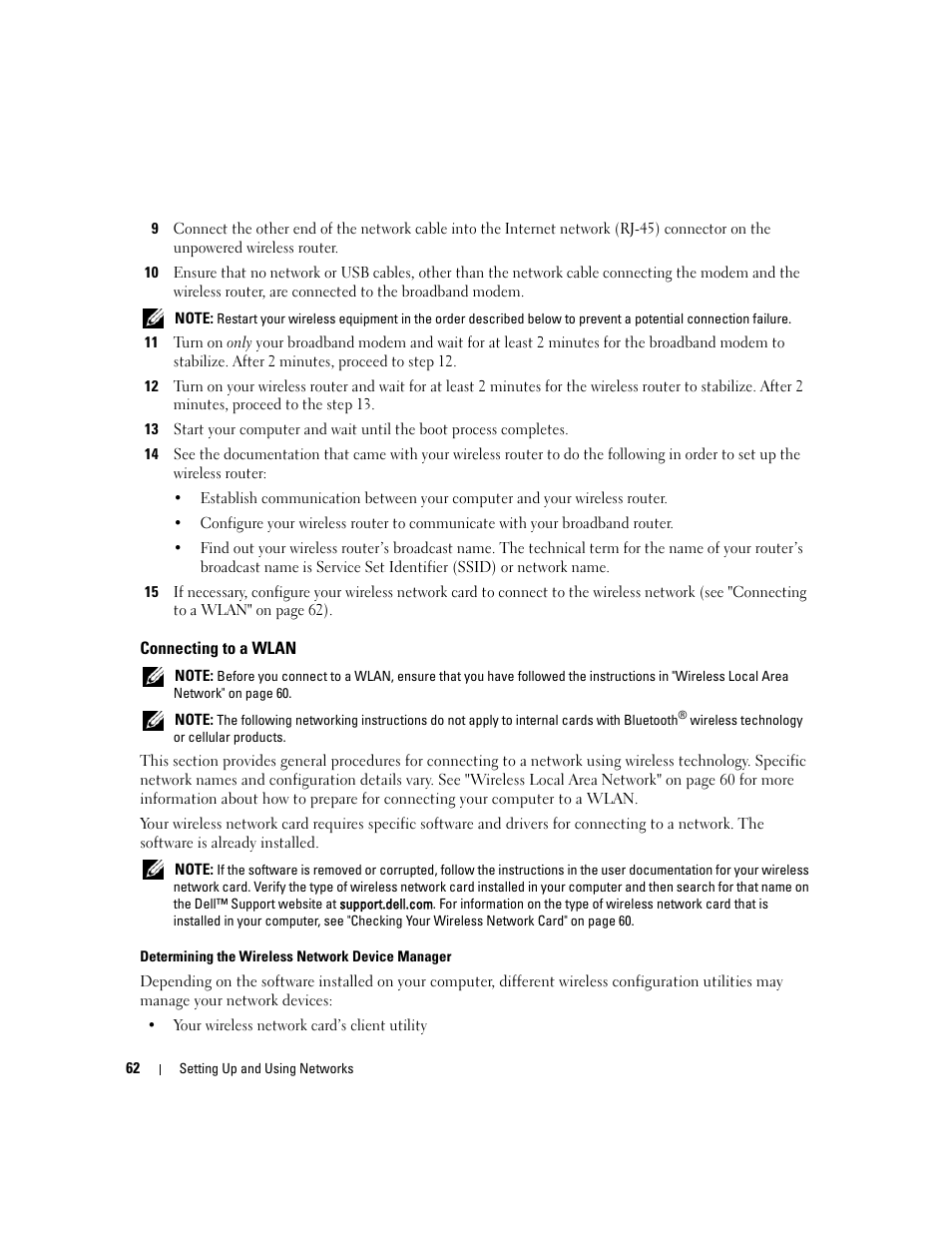 Connecting to a wlan | Dell Latitude D531 (Mid 2007) User Manual | Page 62 / 162
