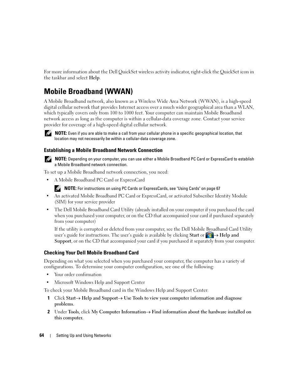 Mobile broadband (wwan), Establishing a mobile broadband network connection, Checking your dell mobile broadband card | Dell Latitude D531 (Mid 2007) User Manual | Page 64 / 162