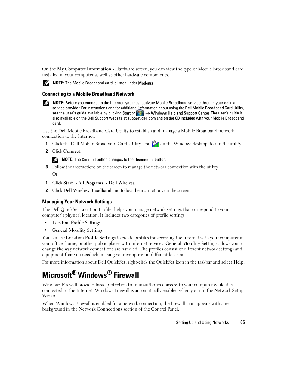 Connecting to a mobile broadband network, Managing your network settings, Microsoft® windows® firewall | Microsoft, Windows, Firewall | Dell Latitude D531 (Mid 2007) User Manual | Page 65 / 162