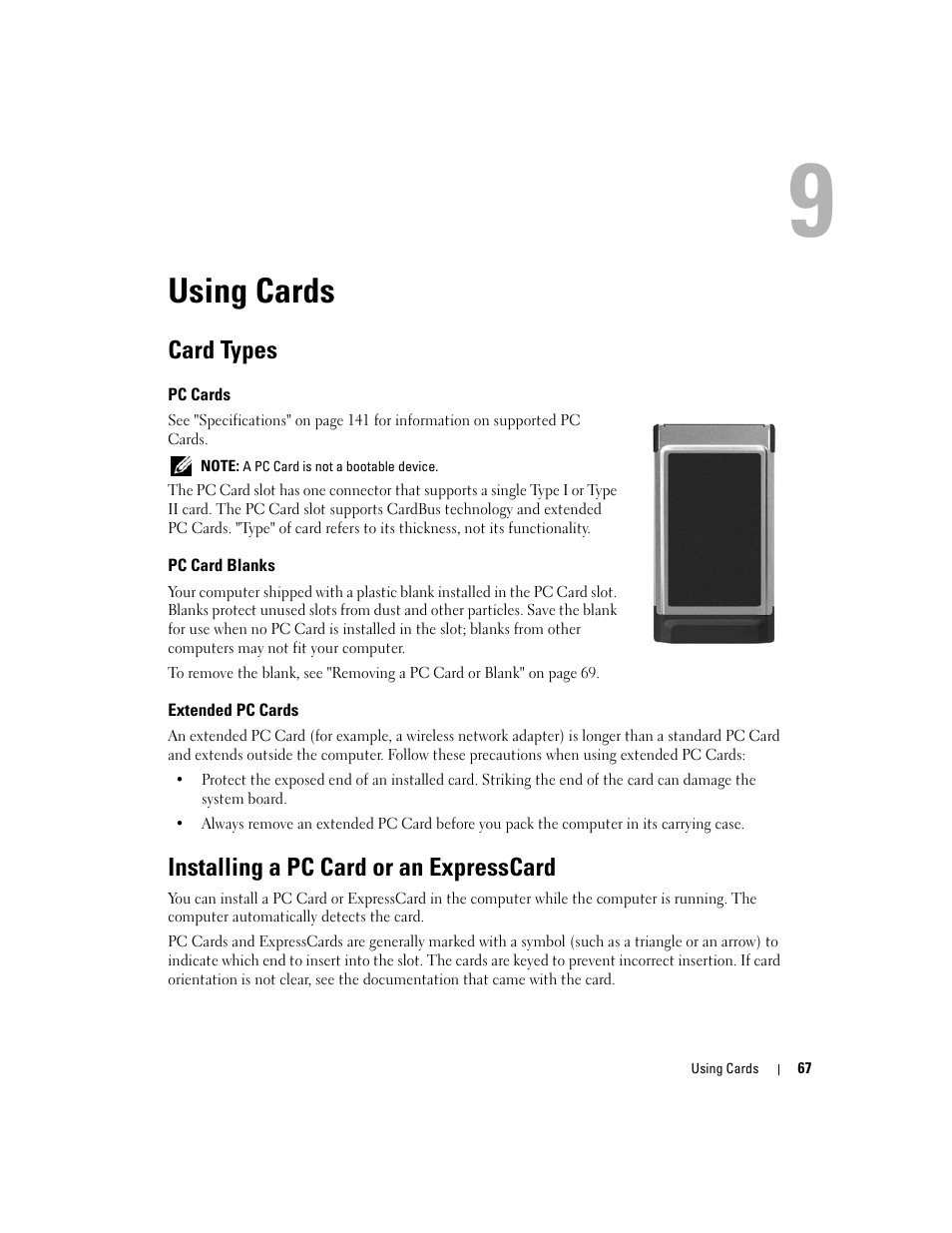 Using cards, Card types, Pc cards | Pc card blanks, Extended pc cards, Installing a pc card or an expresscard, 9 using cards | Dell Latitude D531 (Mid 2007) User Manual | Page 67 / 162