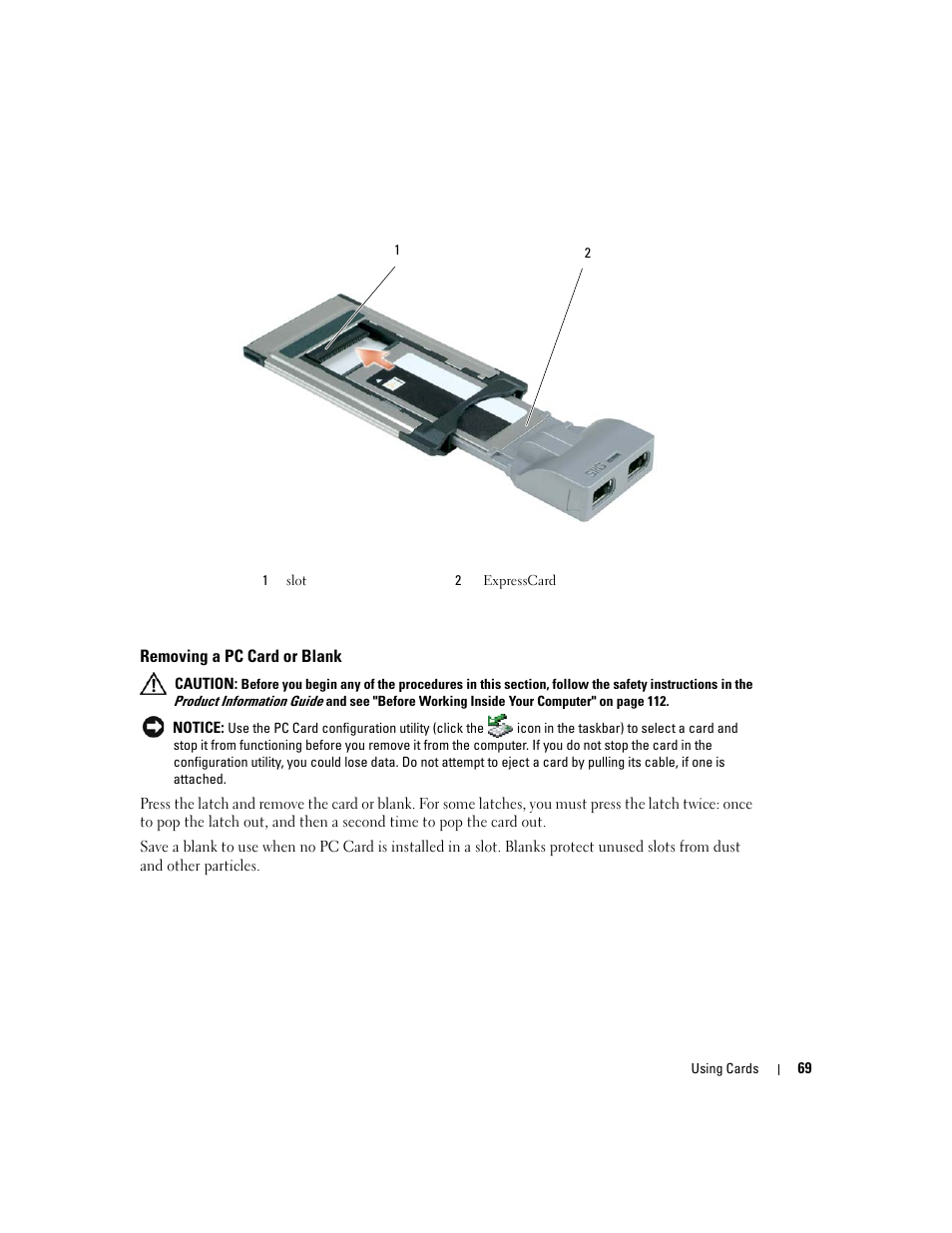 Removing a pc card or blank | Dell Latitude D531 (Mid 2007) User Manual | Page 69 / 162