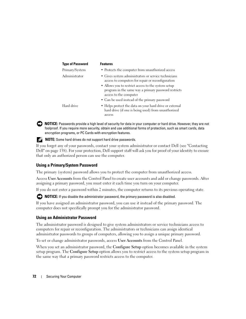 Using a primary/system password, Using an administrator password | Dell Latitude D531 (Mid 2007) User Manual | Page 72 / 162