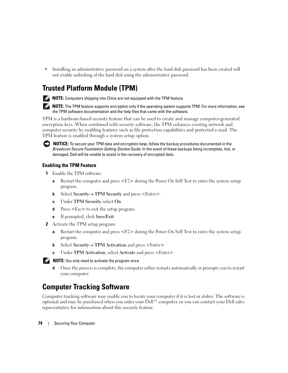 Trusted platform module (tpm), Enabling the tpm feature, Computer tracking software | Dell Latitude D531 (Mid 2007) User Manual | Page 74 / 162