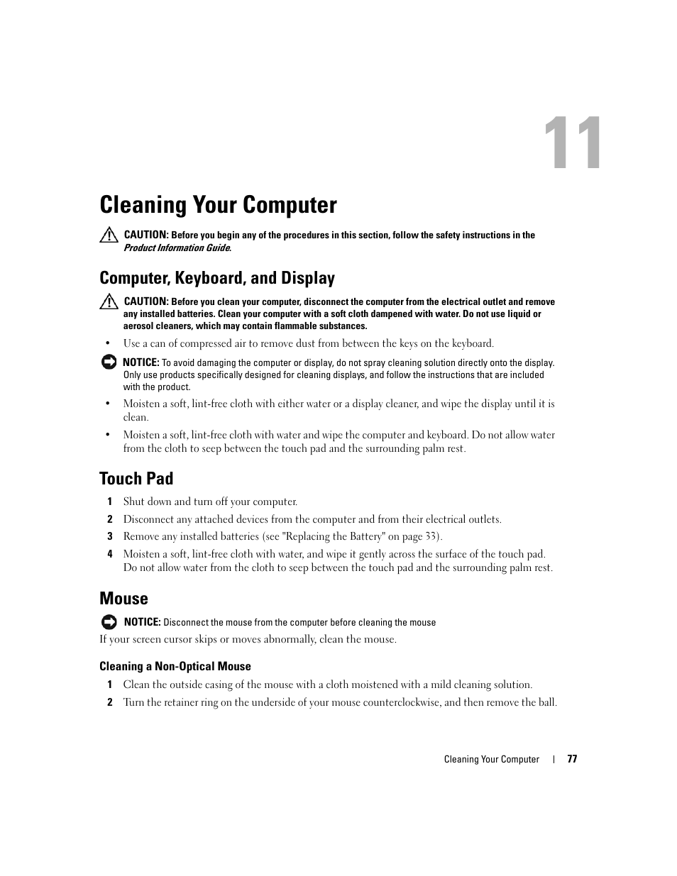 Cleaning your computer, Computer, keyboard, and display, Touch pad | Mouse, Cleaning a non-optical mouse, 11 cleaning your computer | Dell Latitude D531 (Mid 2007) User Manual | Page 77 / 162