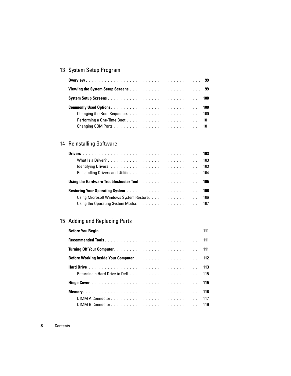 13 system setup program, 14 reinstalling software, 15 adding and replacing parts | Dell Latitude D531 (Mid 2007) User Manual | Page 8 / 162