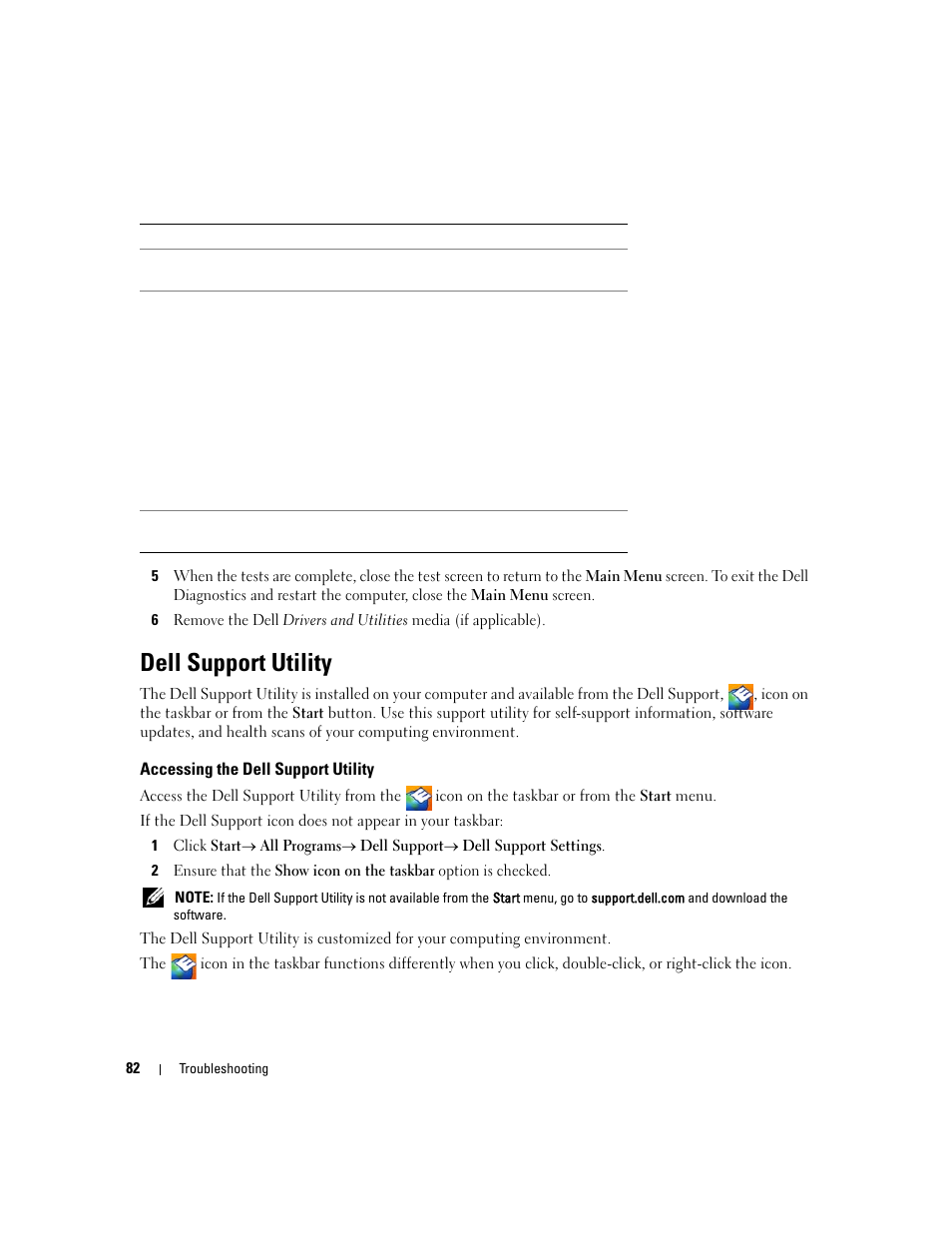 Dell support utility, Accessing the dell support utility, Dell support | Dell Latitude D531 (Mid 2007) User Manual | Page 82 / 162