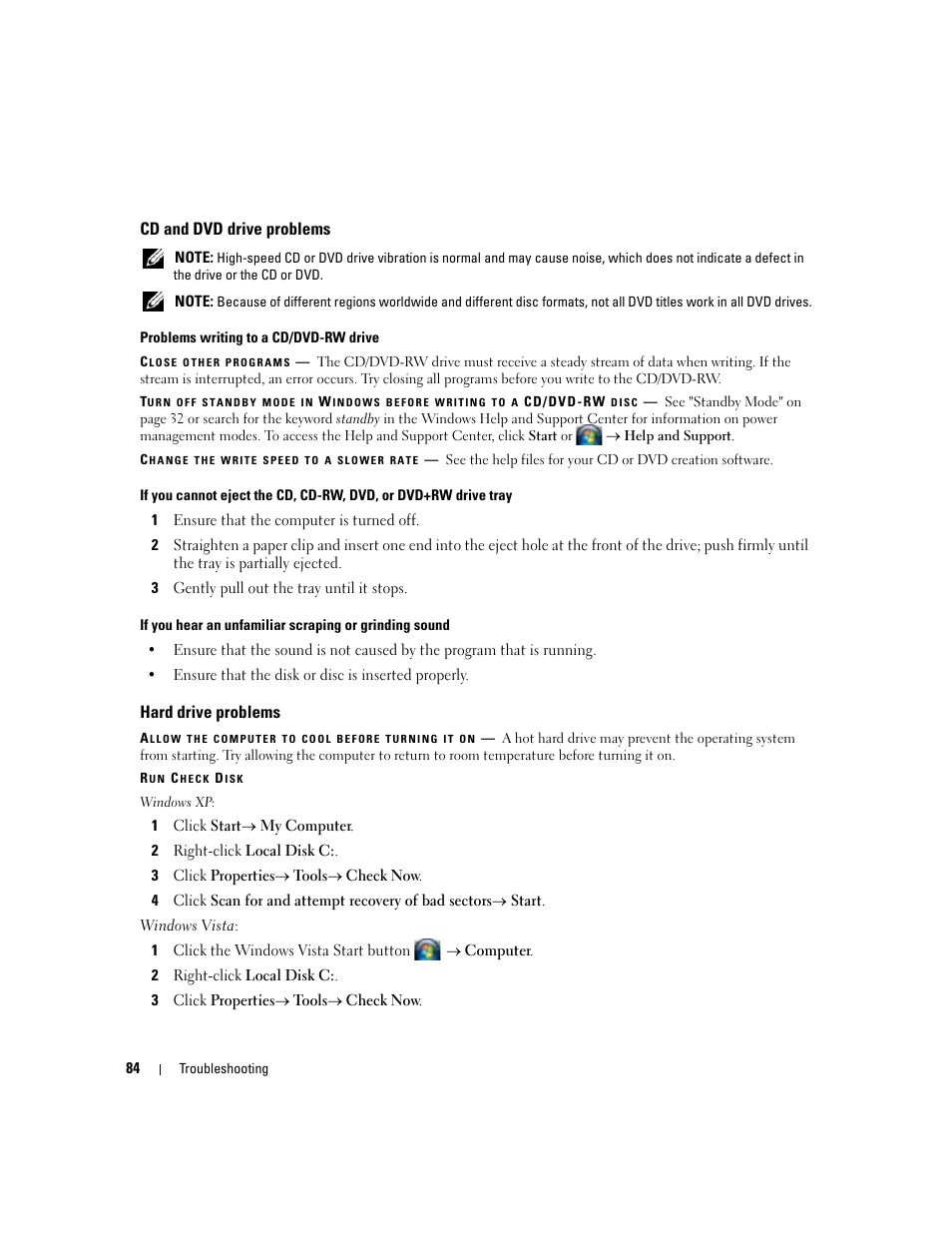 Cd and dvd drive problems, Hard drive problems | Dell Latitude D531 (Mid 2007) User Manual | Page 84 / 162