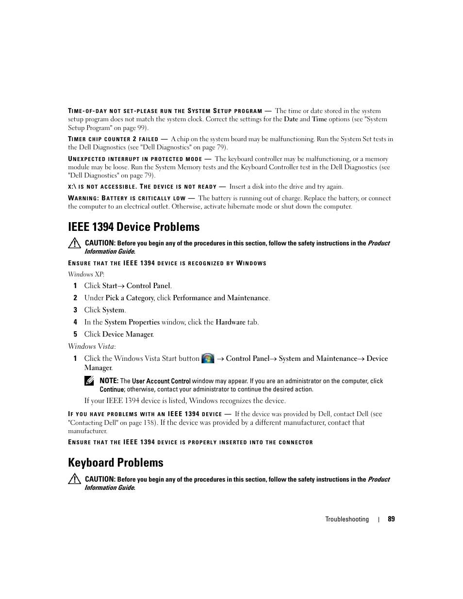 Ieee 1394 device problems, Keyboard problems | Dell Latitude D531 (Mid 2007) User Manual | Page 89 / 162