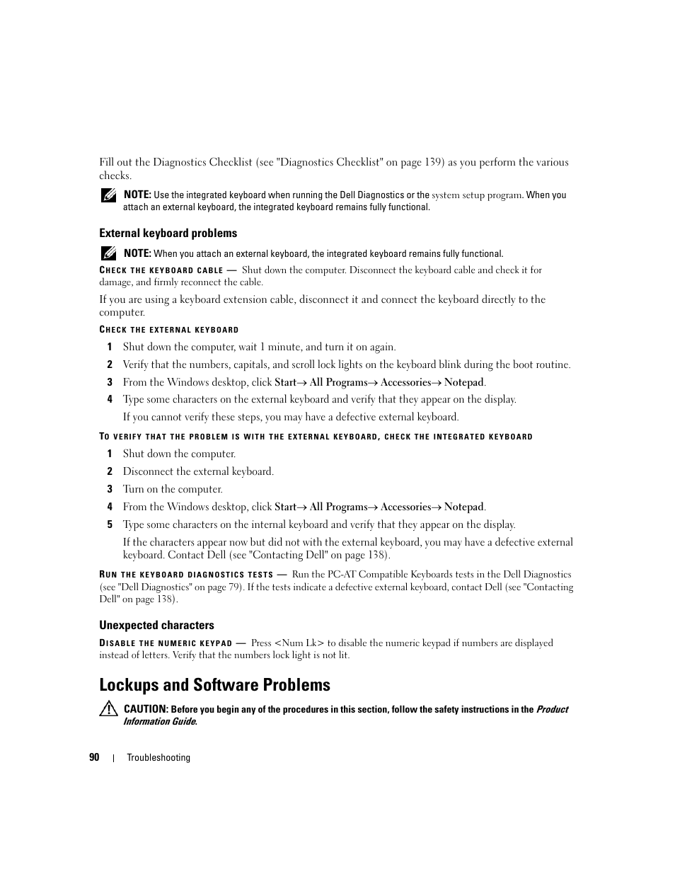 External keyboard problems, Unexpected characters, Lockups and software problems | Dell Latitude D531 (Mid 2007) User Manual | Page 90 / 162