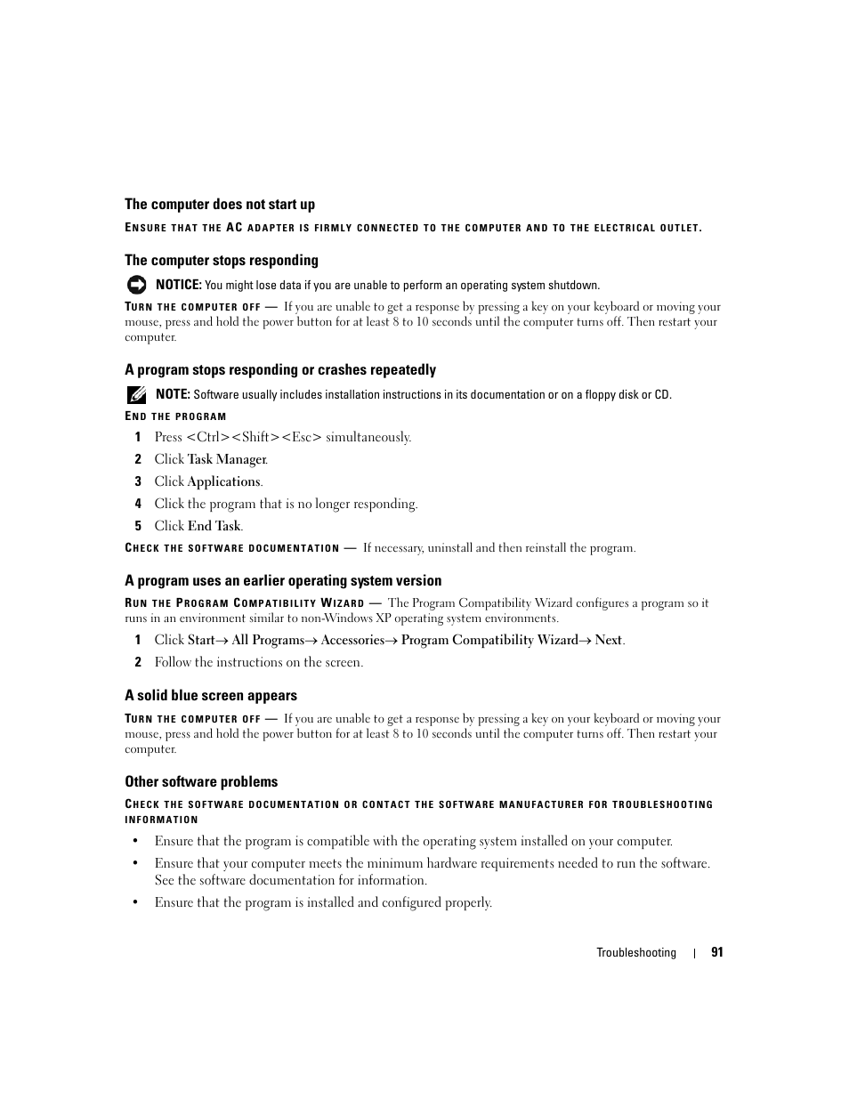 The computer does not start up, The computer stops responding, A program stops responding or crashes repeatedly | A program uses an earlier operating system version, A solid blue screen appears, Other software problems | Dell Latitude D531 (Mid 2007) User Manual | Page 91 / 162