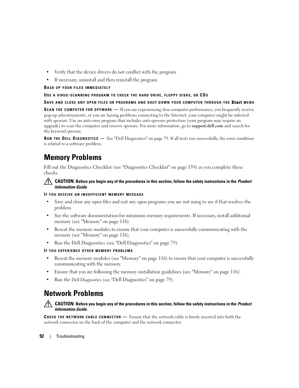 Memory problems, Network problems | Dell Latitude D531 (Mid 2007) User Manual | Page 92 / 162