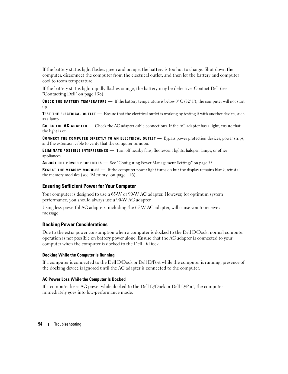 Ensuring sufficient power for your computer, Docking power considerations | Dell Latitude D531 (Mid 2007) User Manual | Page 94 / 162