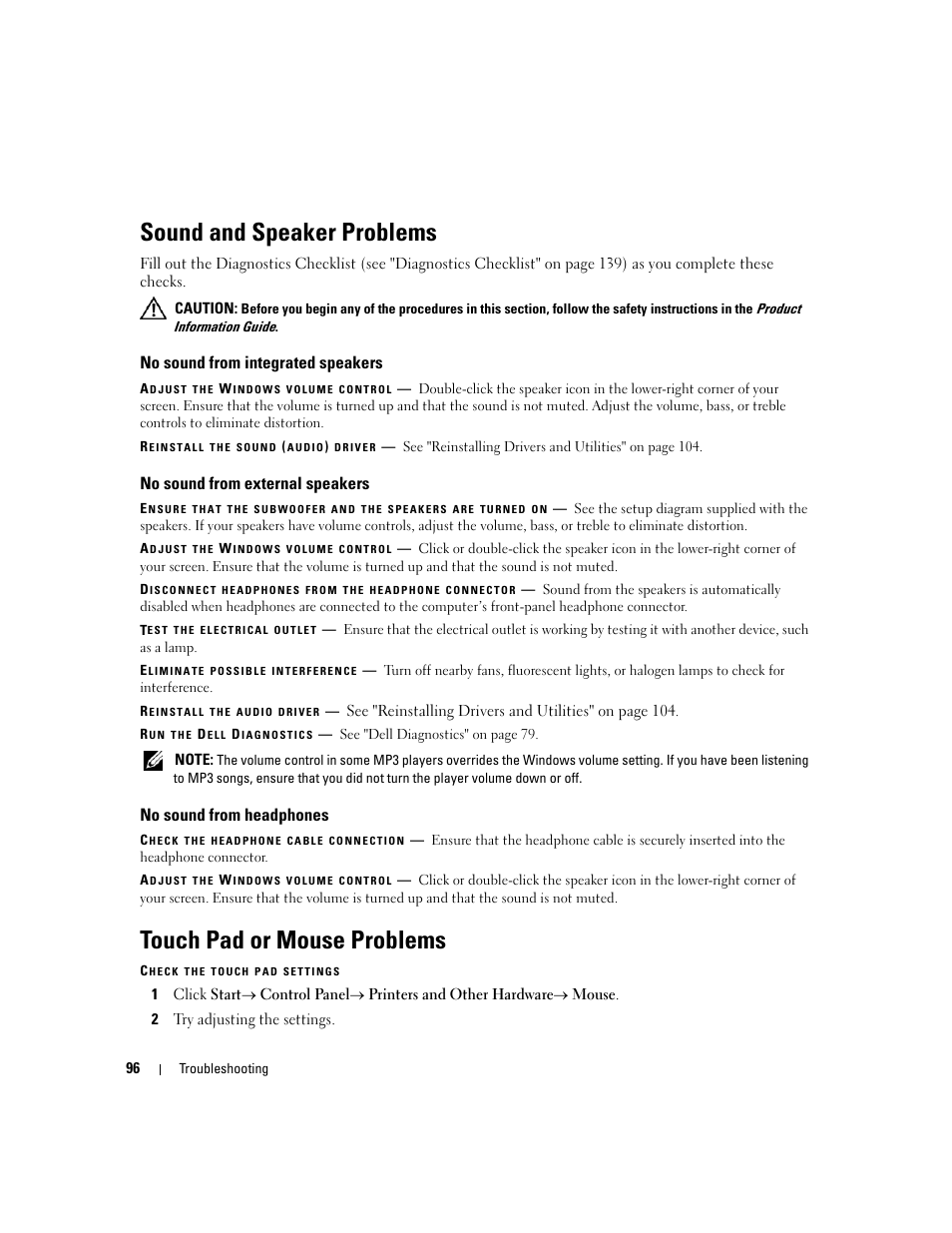 Sound and speaker problems, No sound from integrated speakers, No sound from external speakers | No sound from headphones, Touch pad or mouse problems | Dell Latitude D531 (Mid 2007) User Manual | Page 96 / 162