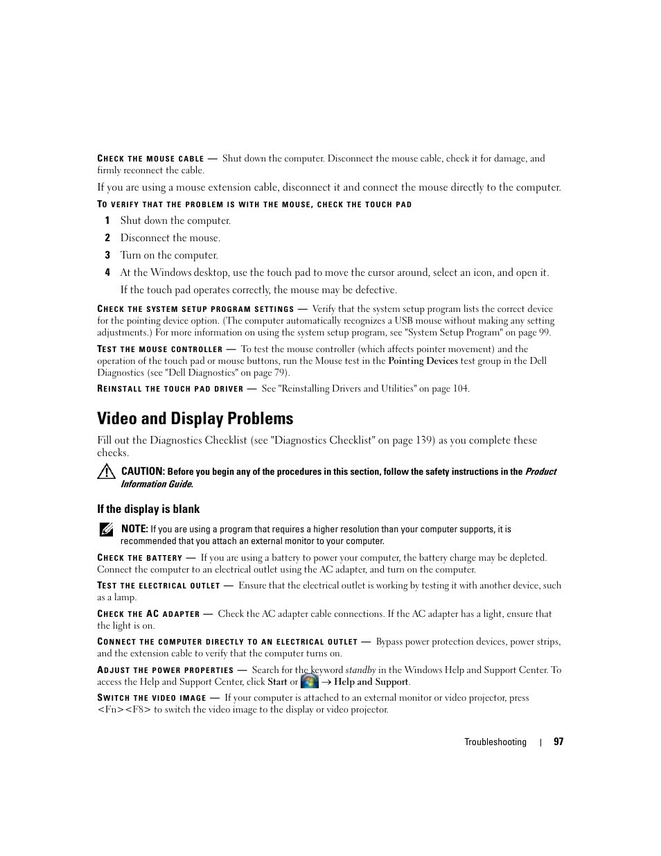 Video and display problems, If the display is blank | Dell Latitude D531 (Mid 2007) User Manual | Page 97 / 162