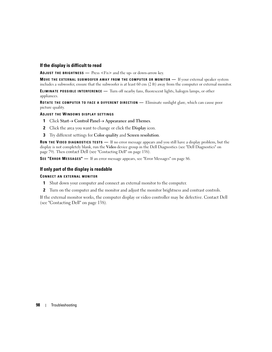 If the display is difficult to read, If only part of the display is readable | Dell Latitude D531 (Mid 2007) User Manual | Page 98 / 162