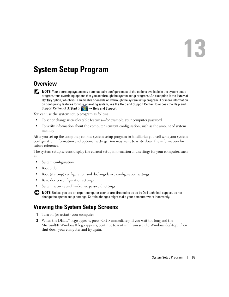 System setup program, Overview, Viewing the system setup screens | 13 system setup program, System | Dell Latitude D531 (Mid 2007) User Manual | Page 99 / 162
