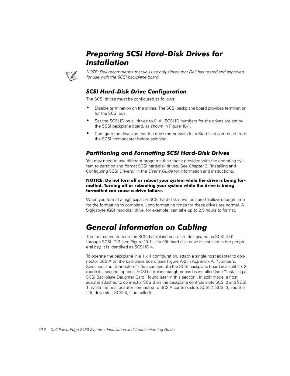 Preparing scsi hard-disk drives for installation, Scsi hard-disk drive configuration, Partitioning and formatting scsi hard-disk drives | General information on cabling | Dell PowerEdge 2450 User Manual | Page 102 / 166