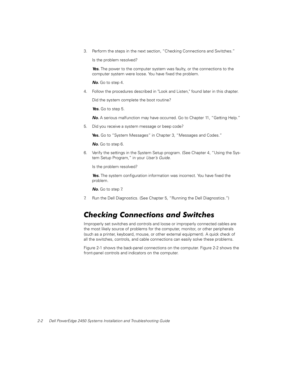 Checking connections and switches | Dell PowerEdge 2450 User Manual | Page 12 / 166