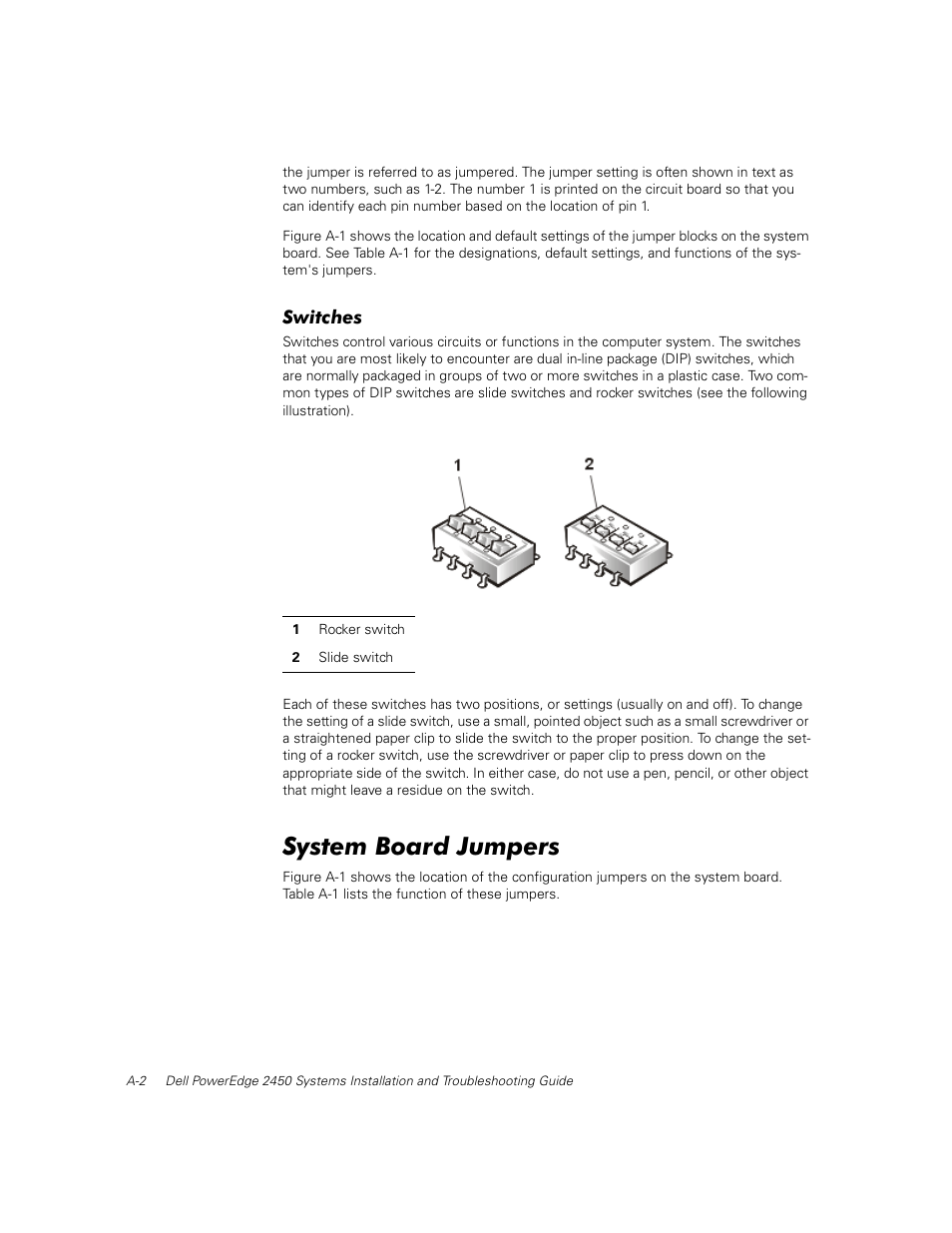 Switches, System board jumpers | Dell PowerEdge 2450 User Manual | Page 130 / 166