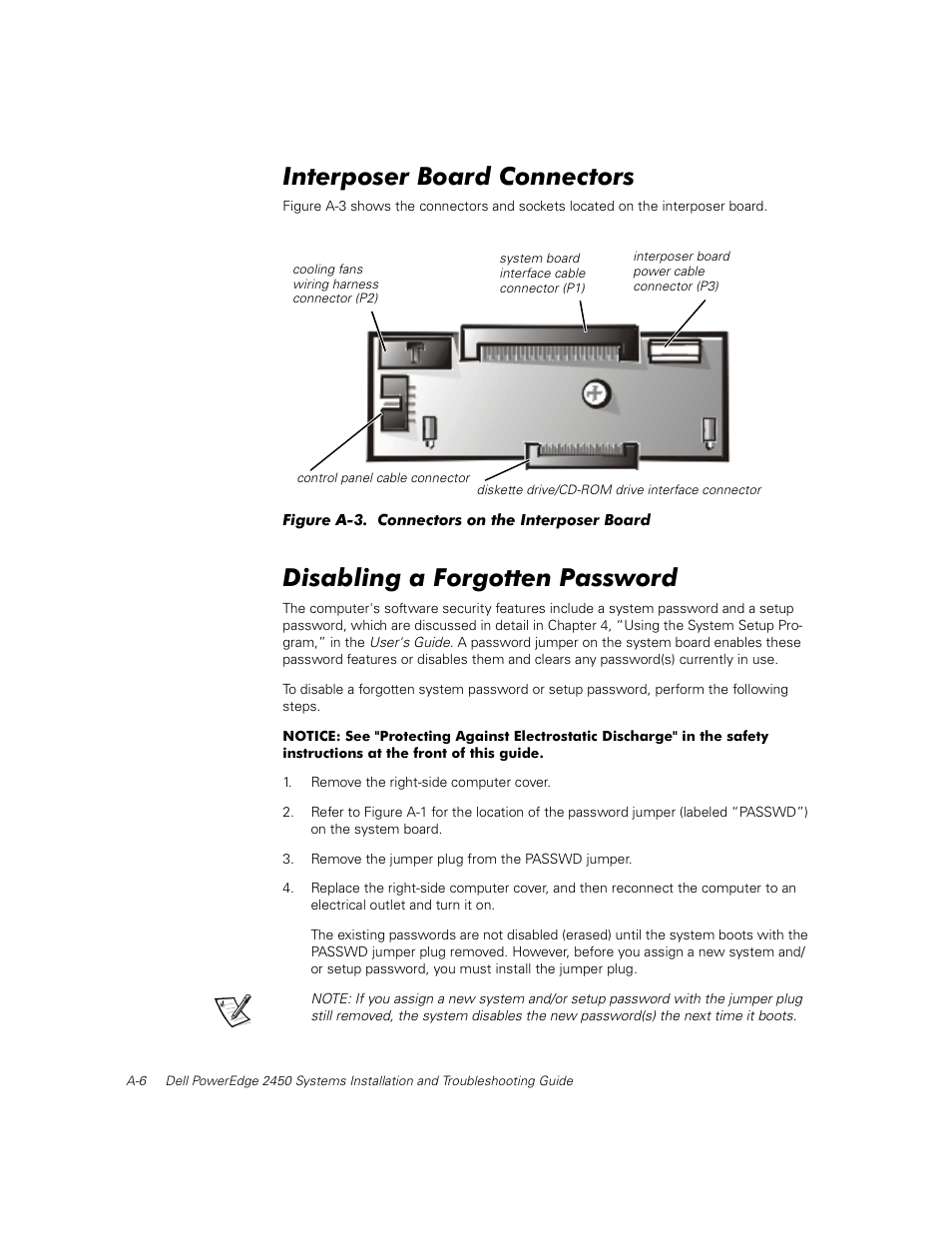 Interposer board connectors, Disabling a forgotten password | Dell PowerEdge 2450 User Manual | Page 134 / 166