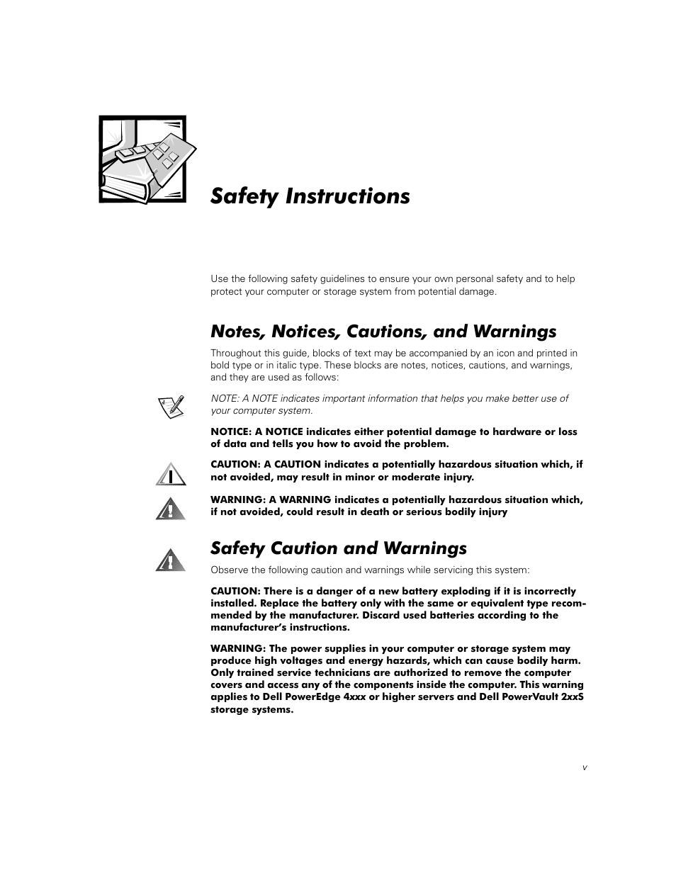 6741usafetyinstructions, Safety instructions, Notes, notices, cautions, and warnings | Safety caution and warnings | Dell PowerEdge 2450 User Manual | Page 137 / 166