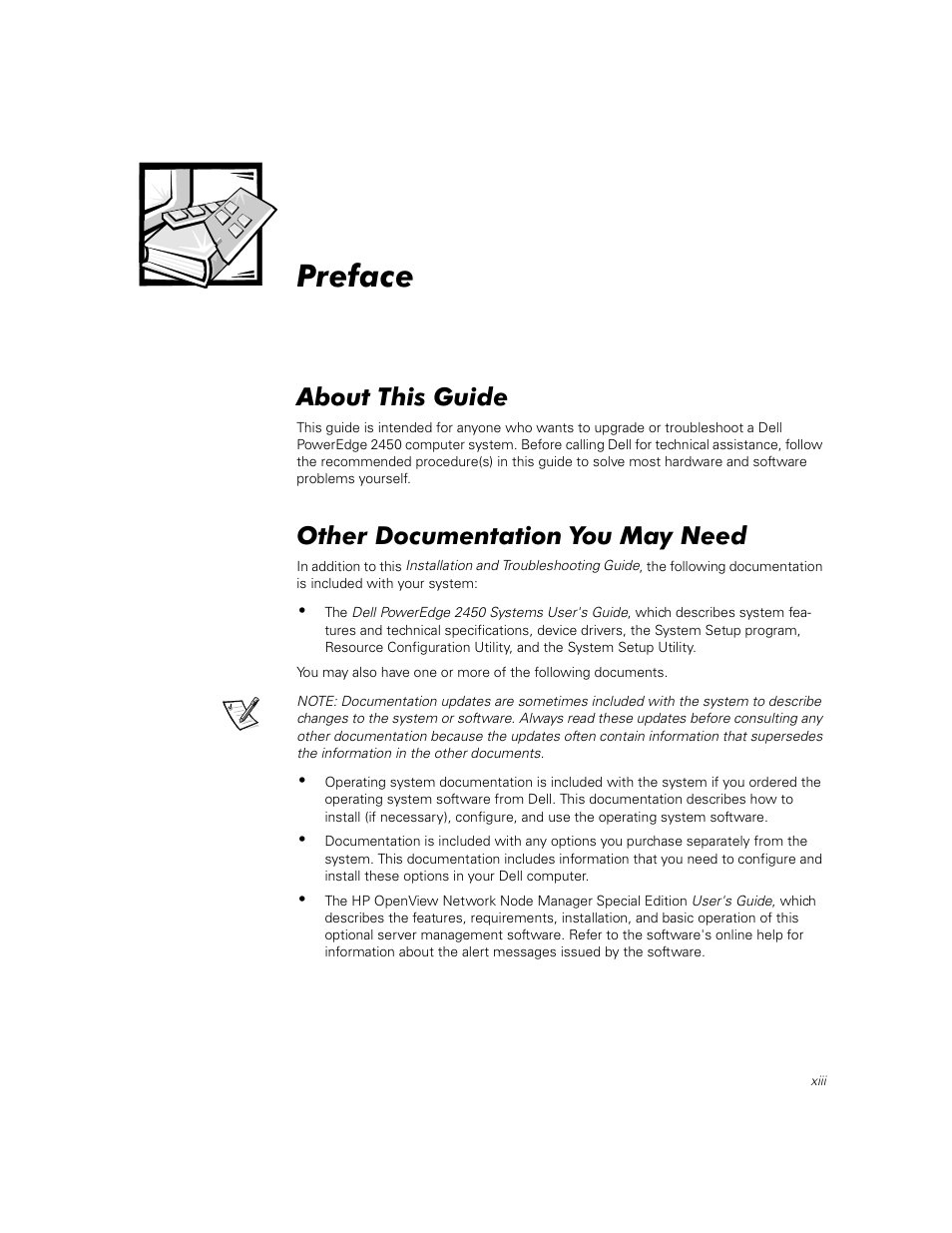 6741upreface, Preface, About this guide | Other documentation you may need | Dell PowerEdge 2450 User Manual | Page 147 / 166