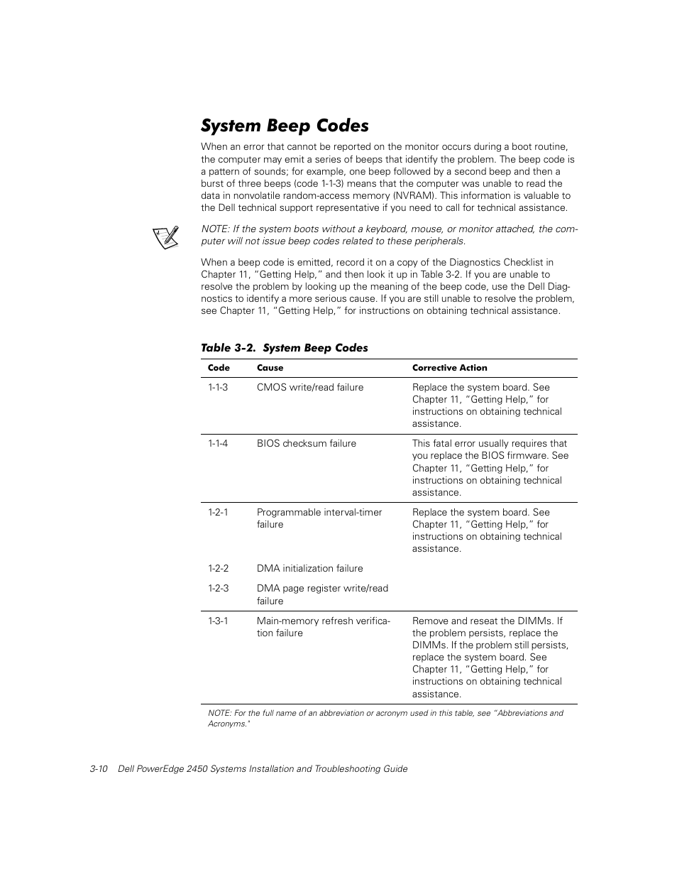 System beep codes | Dell PowerEdge 2450 User Manual | Page 26 / 166