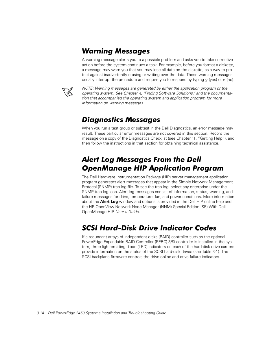 Warning messages, Diagnostics messages, Scsi hard-disk drive indicator codes | Dell PowerEdge 2450 User Manual | Page 30 / 166