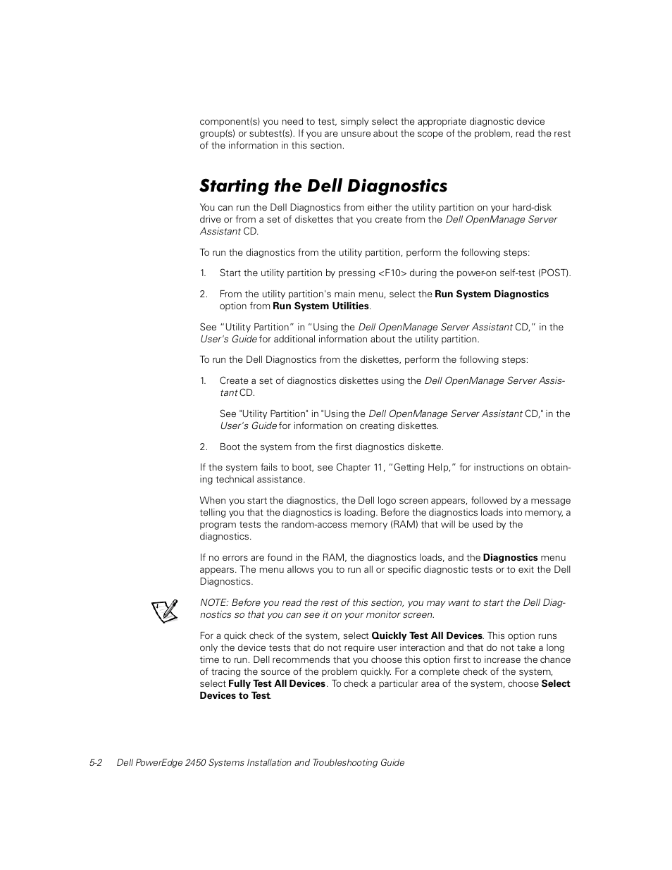 Starting the dell diagnostics | Dell PowerEdge 2450 User Manual | Page 38 / 166