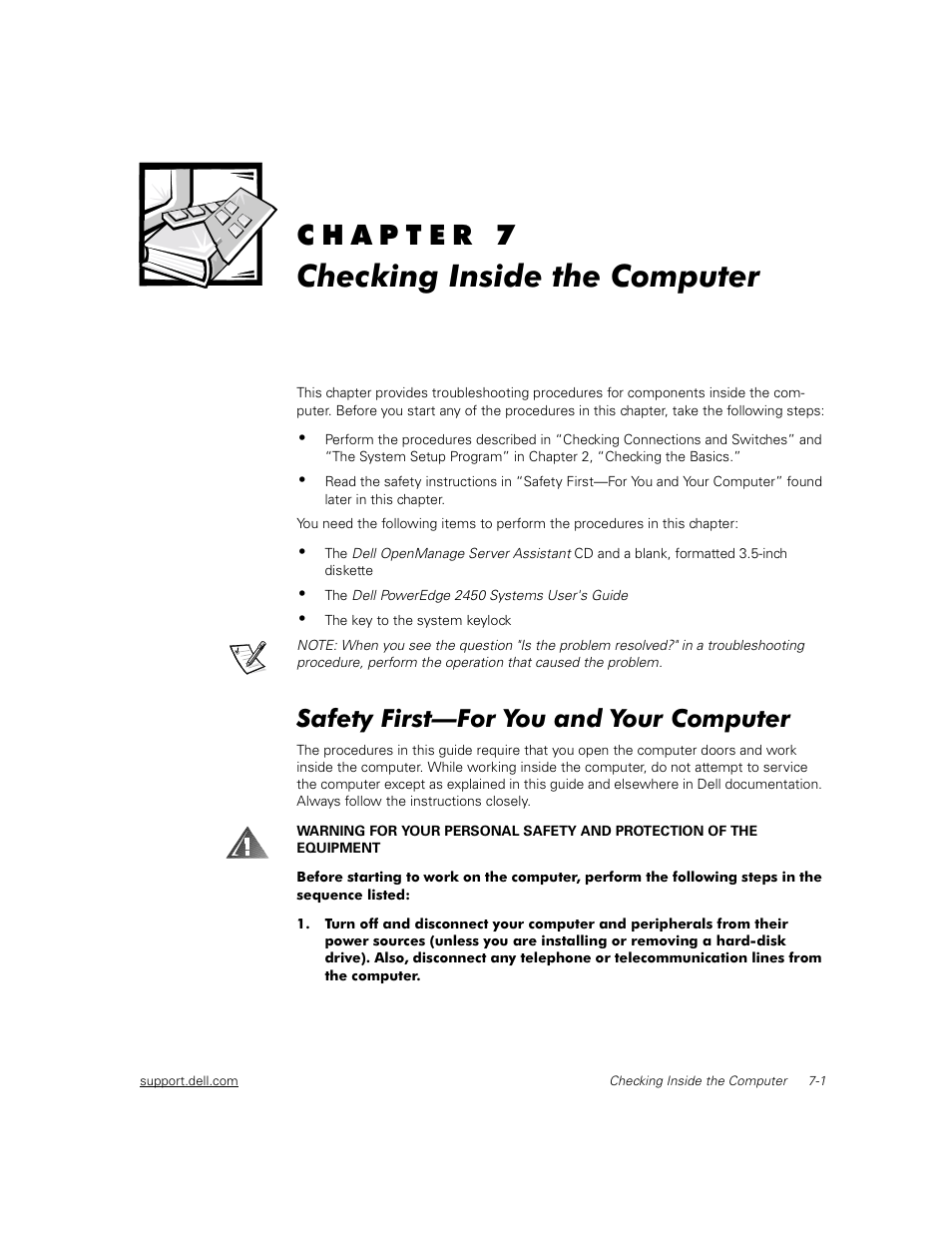 6741uc70, Checking inside the computer, Safety first—for you and your computer | Dell PowerEdge 2450 User Manual | Page 51 / 166