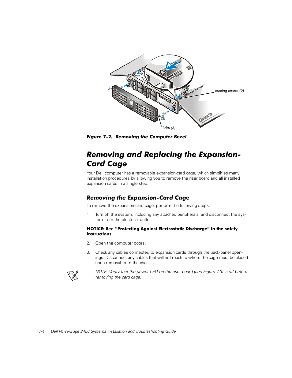 Removing and replacing the expansion- card cage, Removing the expansion-card cage | Dell PowerEdge 2450 User Manual | Page 54 / 166