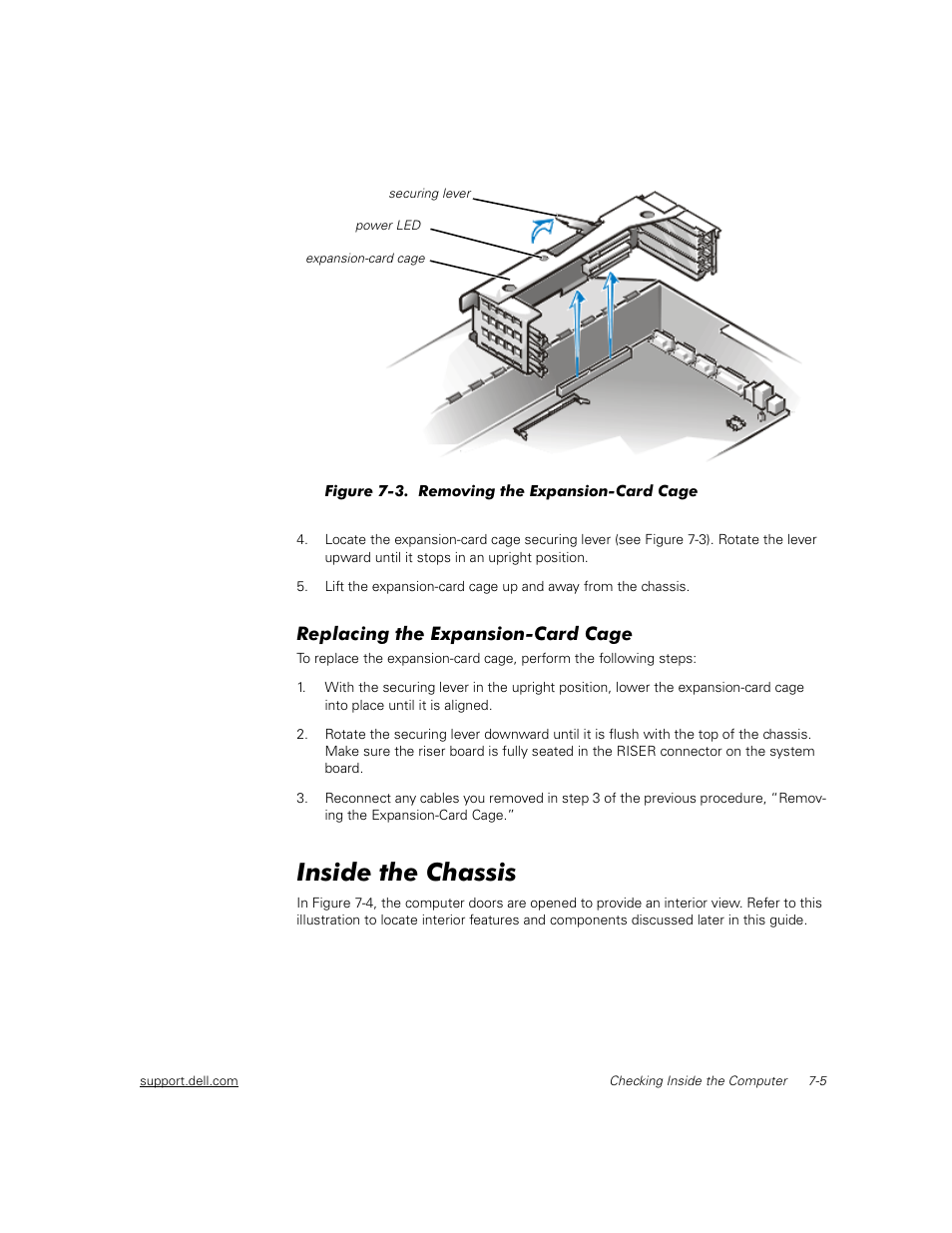 Replacing the expansion-card cage, Inside the chassis | Dell PowerEdge 2450 User Manual | Page 55 / 166