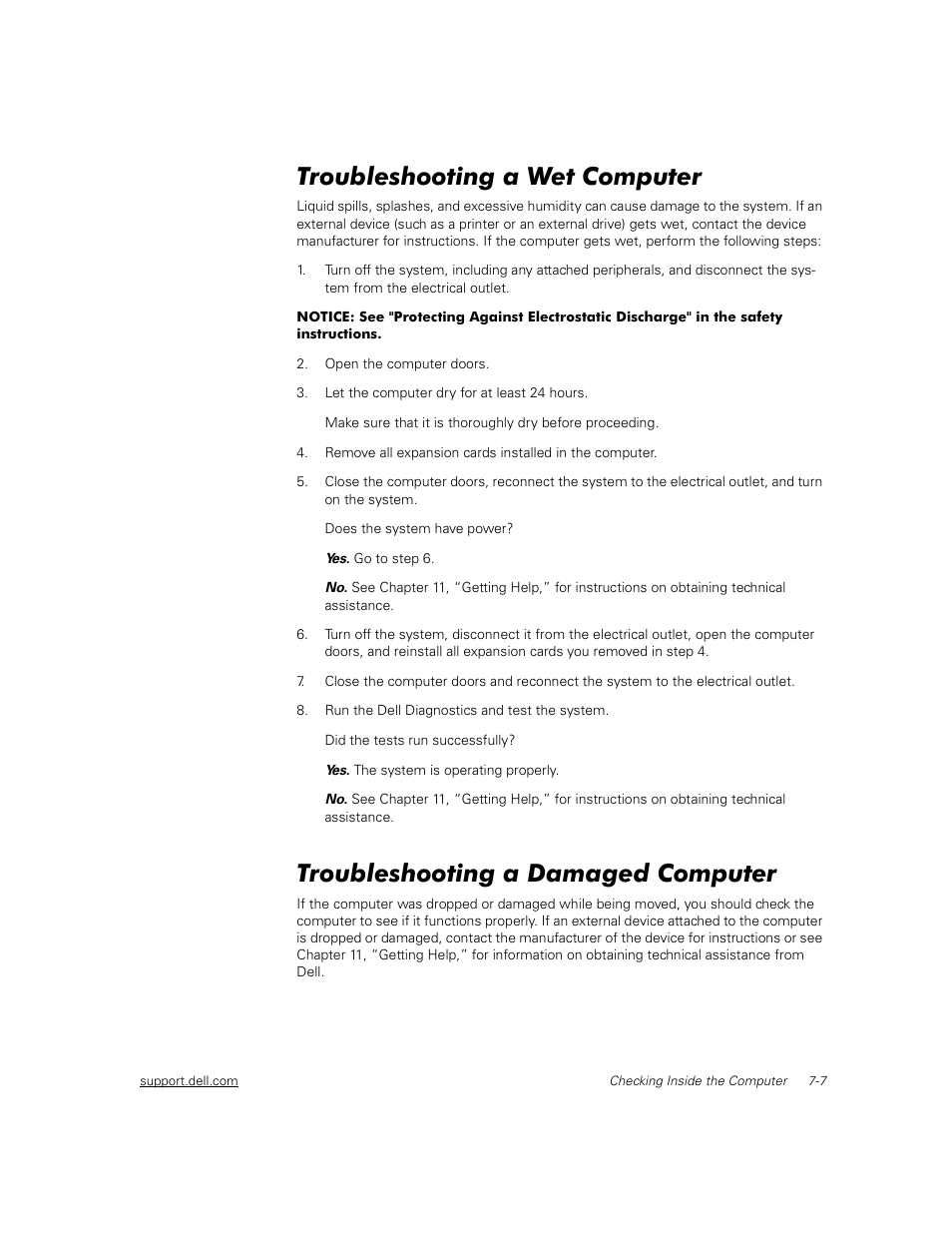 Troubleshooting a wet computer, Troubleshooting a damaged computer | Dell PowerEdge 2450 User Manual | Page 57 / 166
