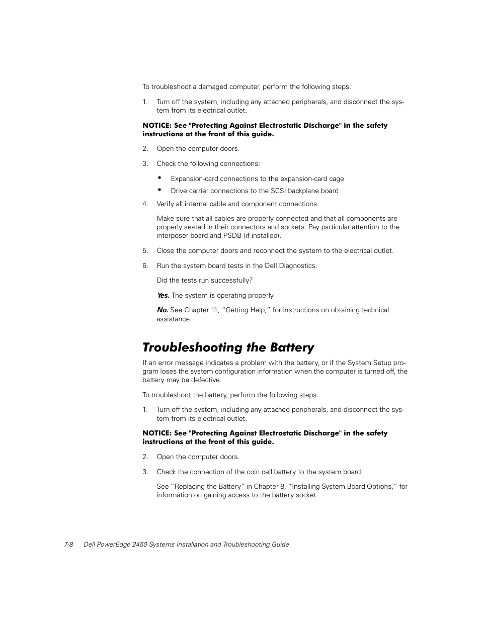 Troubleshooting the battery | Dell PowerEdge 2450 User Manual | Page 58 / 166